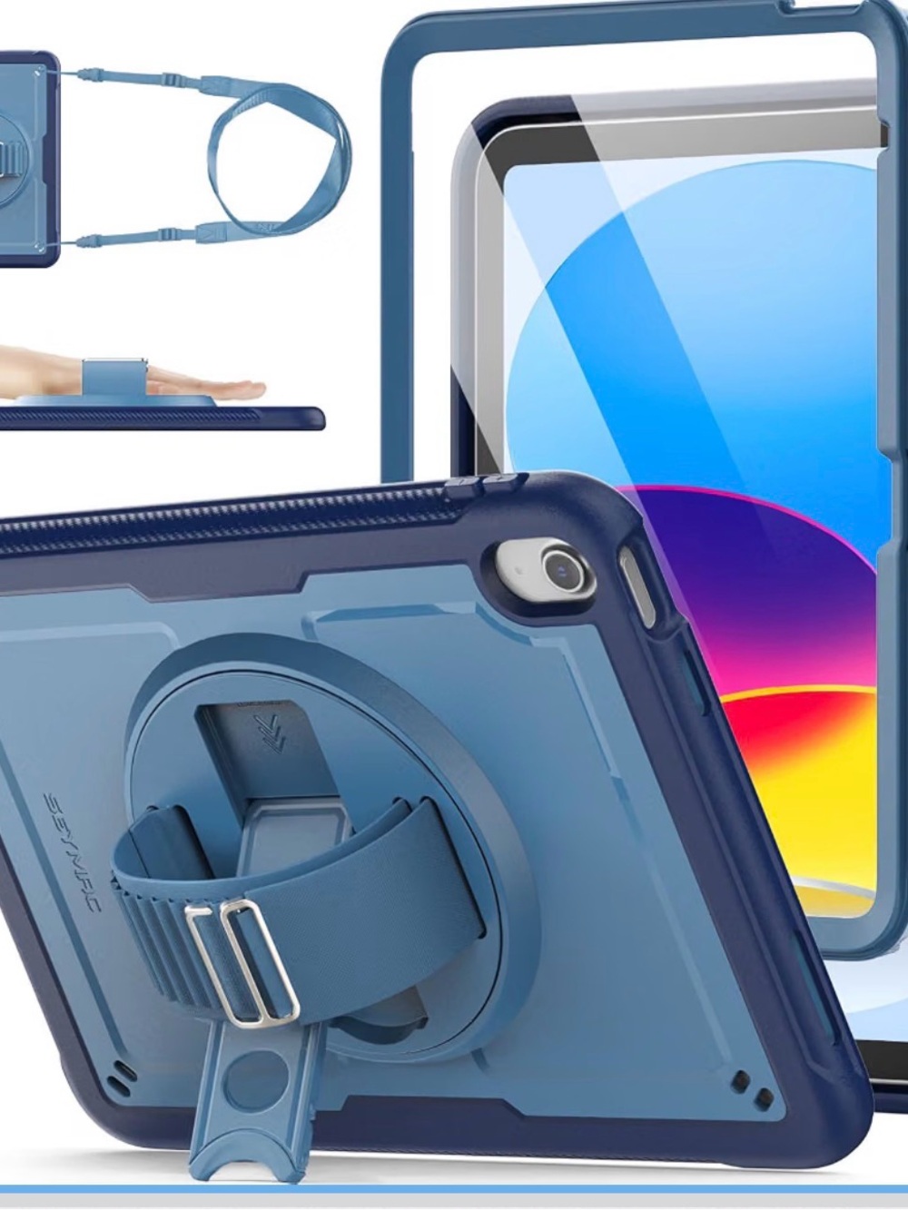 Rugged Blue Tablet Case with Hand Strap and Kickstand